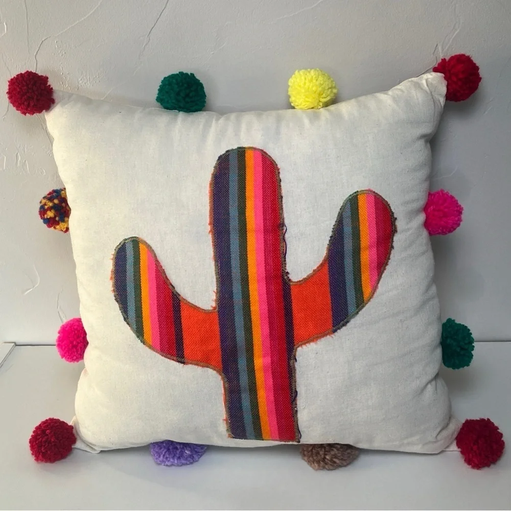 Eclectic Array Vibrant Colorful Cactus Accent Pillow Multicolor Pom-Pom (16x16)